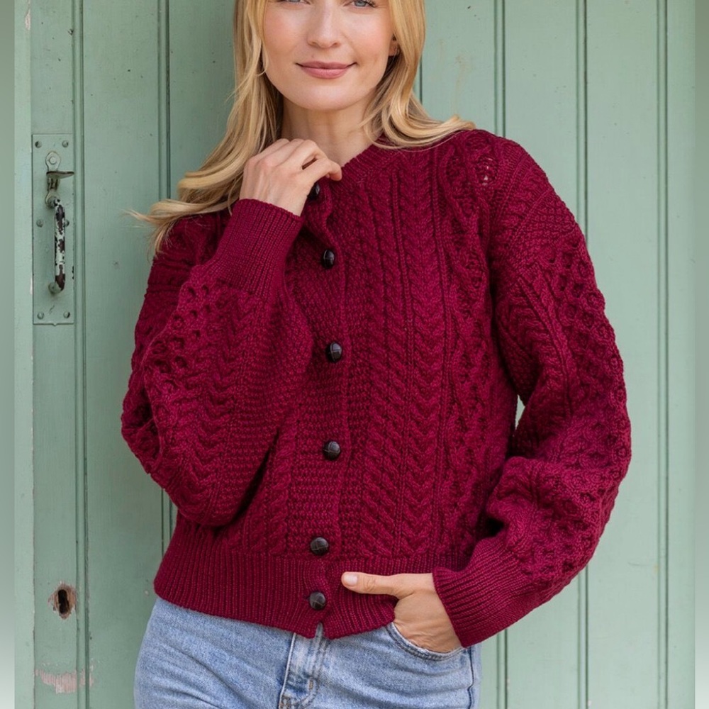 Aran Crafts Sweater Womens Plum Merino Wool Cardigan Size XL - Picture 9 of 9